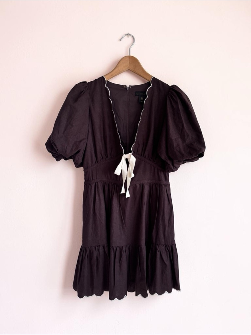 House of Harlow 1960 Brown Mini Dress with Cream Scallop Trim Cottagecore Size 2